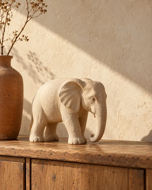 Une sculpture d’éléphant en pierre claire, dans la lumière du soleil